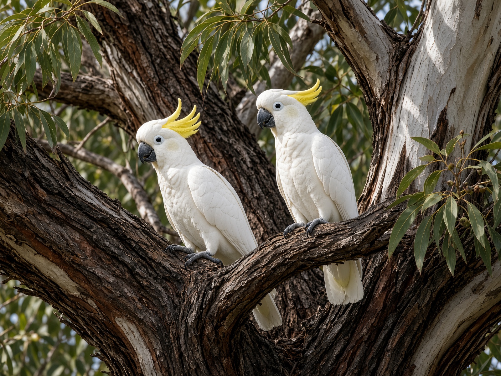 Sulphur-crested cockatoos perched in a eucalyptus tree