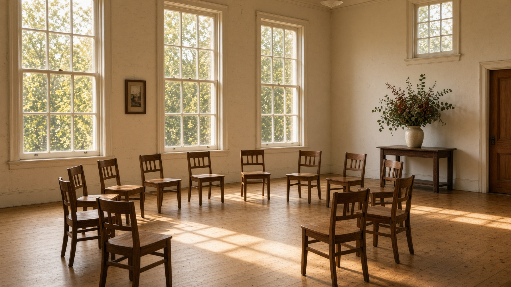 A sunlit Australian community hall with a circle of wooden chairs