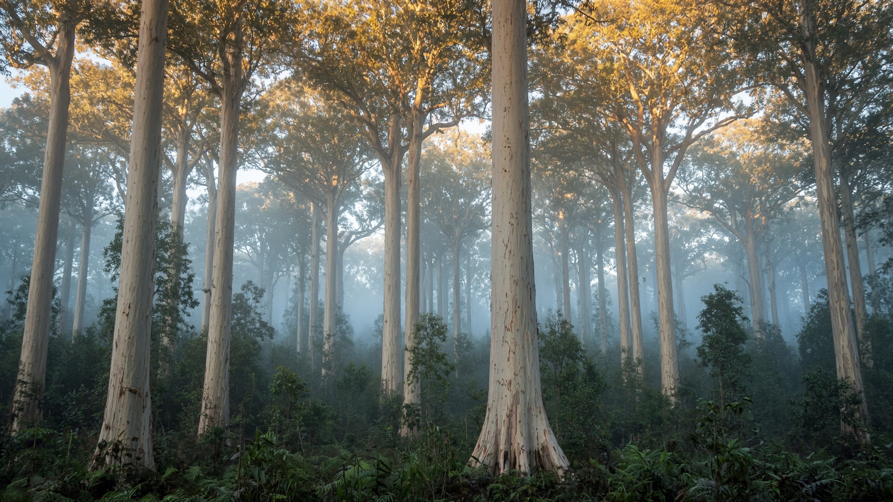 Karri forest at sunrise in Western Australia, mist among pale trunks