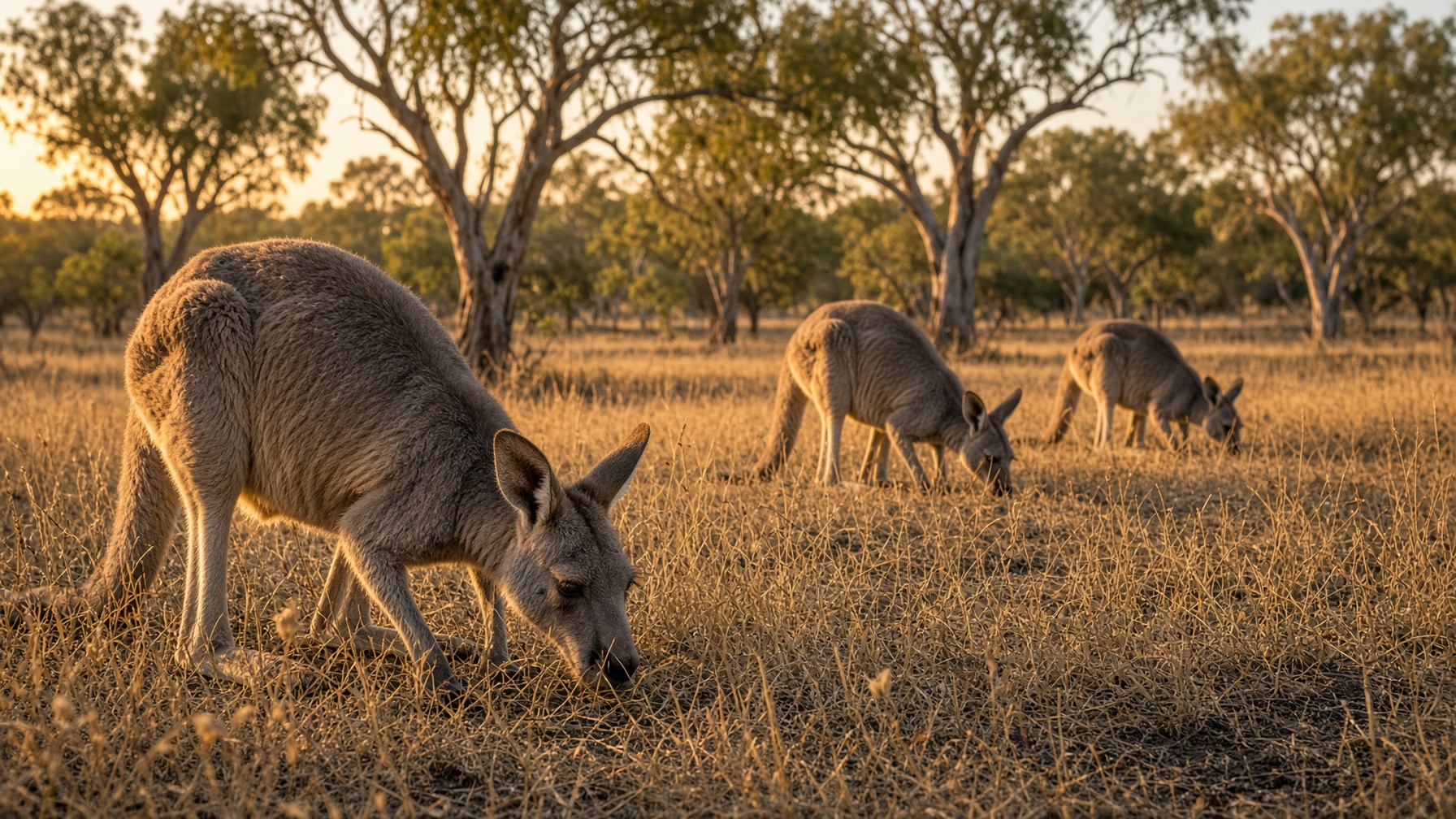 Eastern grey kangaroos grazing at golden hour in open Australian bushland