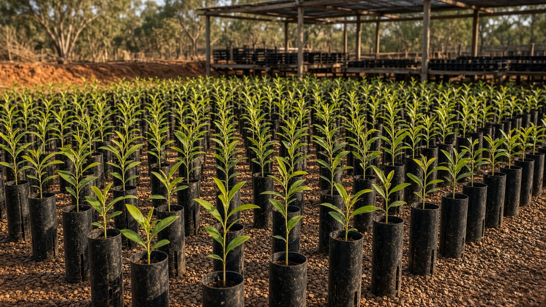 Native seedlings in forestry tubes at a restoration nursery
