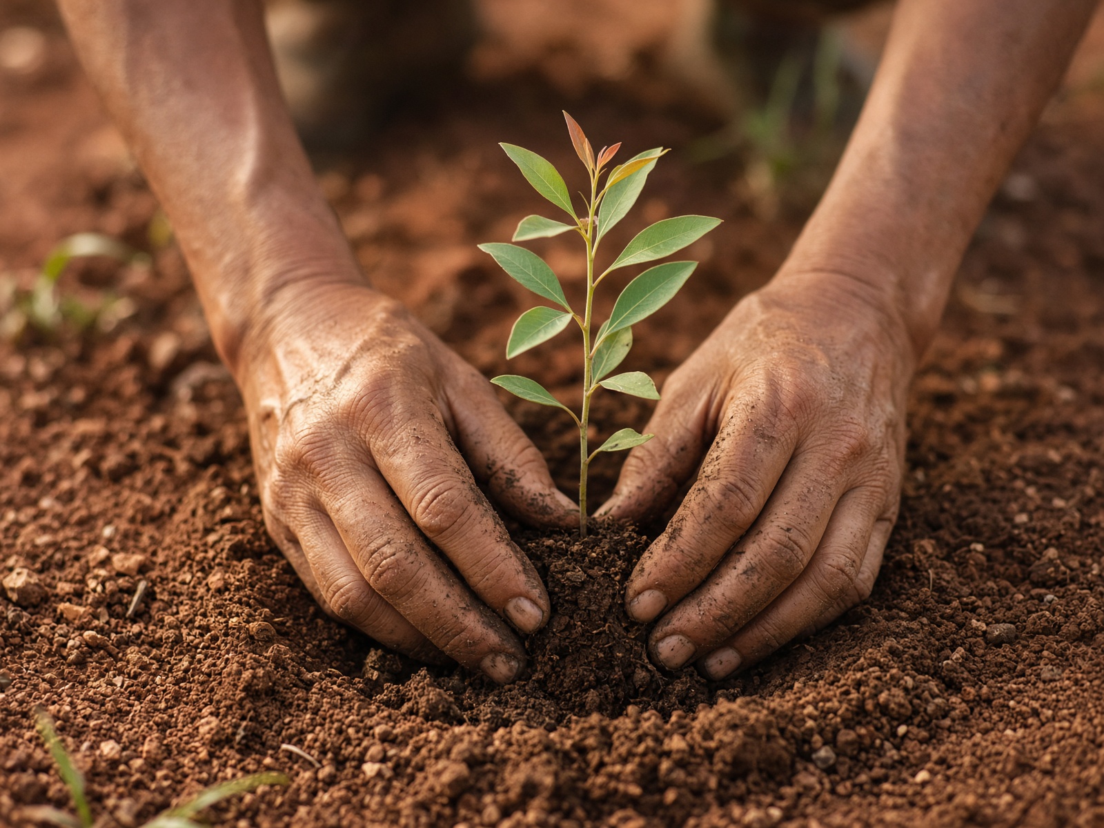 Hands planting a native seedling in Australian soil