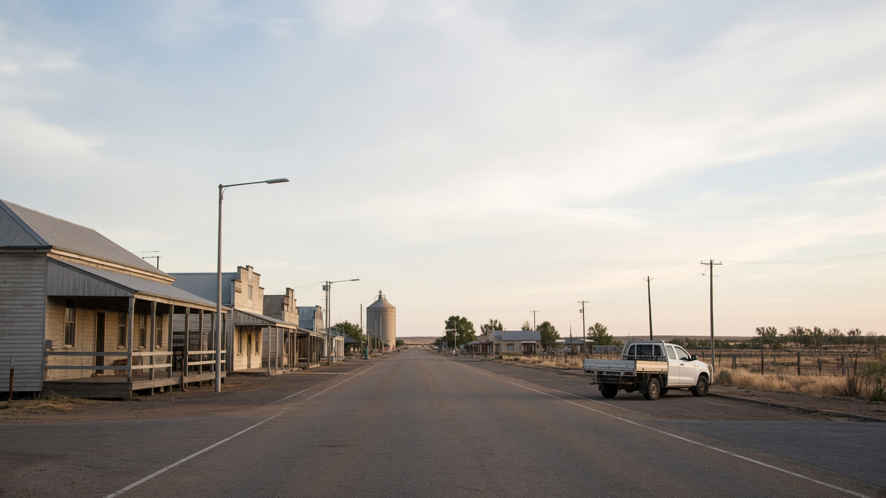 A quiet regional Western Australian town street in late afternoon light