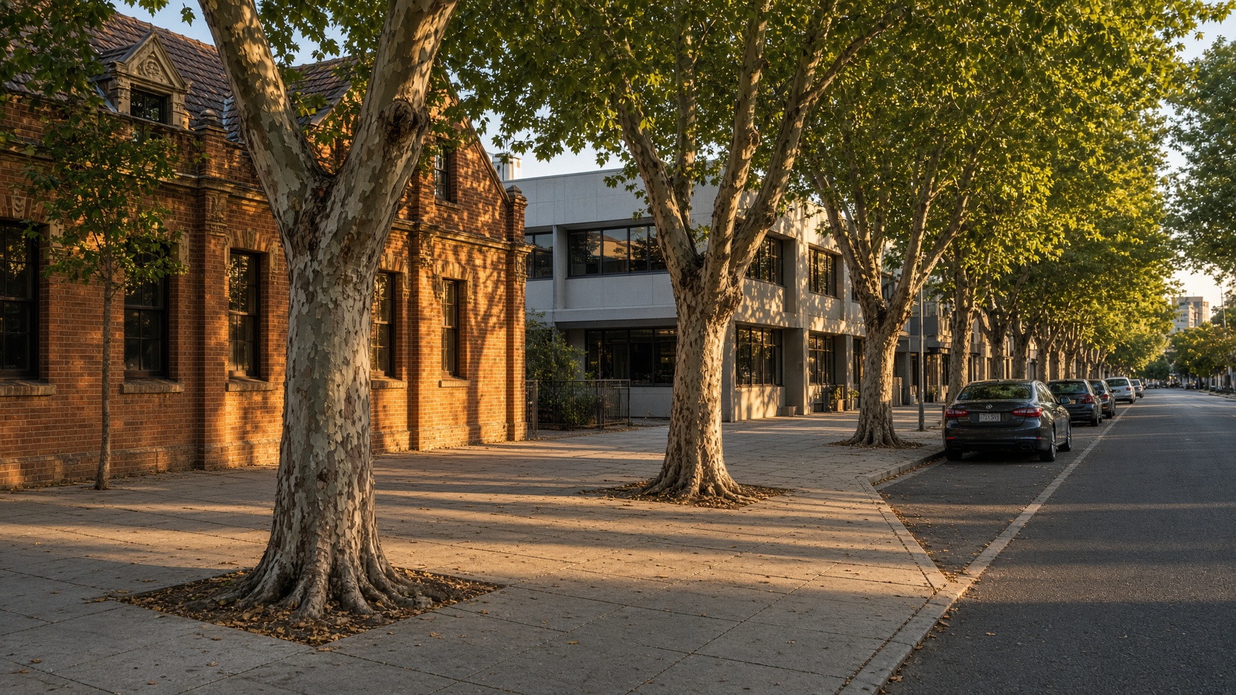 Tree-lined street in West Perth in late afternoon light